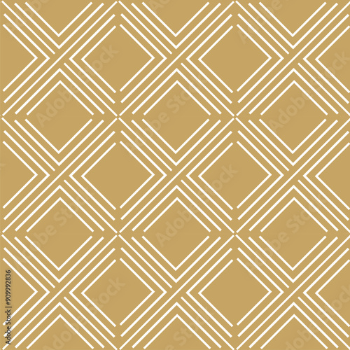 Abstract geometric pattern with squares, crosses, stripes, lines. Seamless vector background. White and gold ornament. Modern reticulated graphic design.