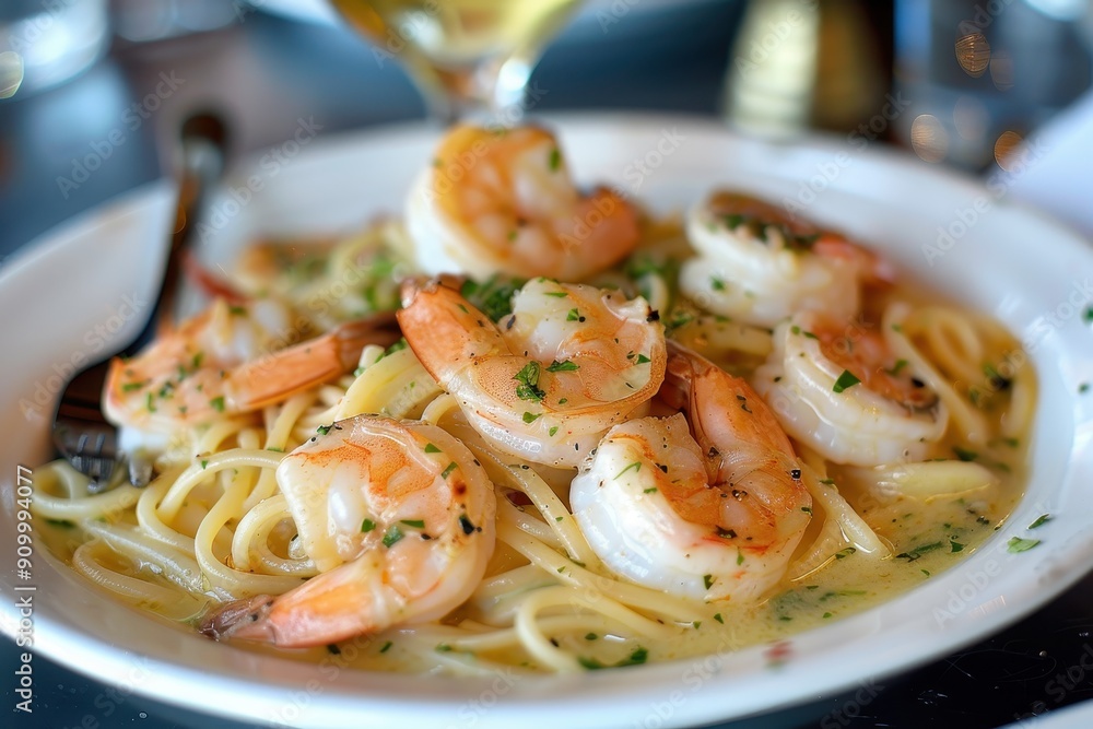 A plate of shrimp scampi, with succulent shrimp cooked in a garlic butter sauce, served over linguine A plate of shrimp scampi, with succulent shrimp cooked in a garlic butter sauce, served over linguine