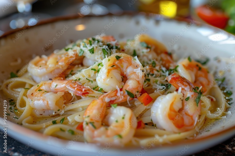 A plate of shrimp scampi, with succulent shrimp cooked in a garlic butter sauce, served over linguine A plate of shrimp scampi, with succulent shrimp cooked in a garlic butter sauce, served over linguine