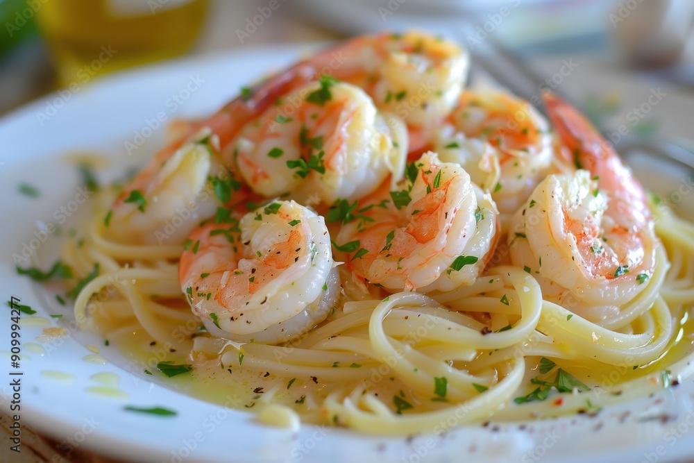A plate of shrimp scampi, with succulent shrimp cooked in a garlic butter sauce, served over linguine A plate of shrimp scampi, with succulent shrimp cooked in a garlic butter sauce, served over linguine