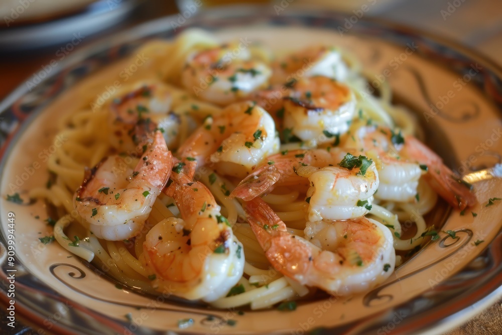 A plate of shrimp scampi, with succulent shrimp cooked in a garlic butter sauce, served over linguine A plate of shrimp scampi, with succulent shrimp cooked in a garlic butter sauce, served over linguine
