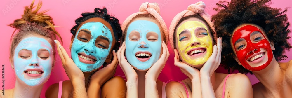 Friends having fun with face masks, represents the new normal of social gatherings, with copy space Friends having fun with face masks, represents the new normal of social gatherings, with copy space