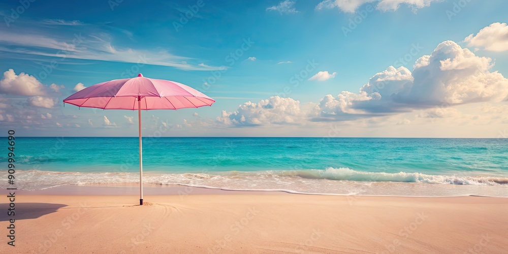 Pastel pink beach umbrella in pink sand with ocean in background, creating a dreamy and surreal island aesthetic, beach, umbrella Pastel pink beach umbrella in pink sand with ocean in background, creating a dreamy and surreal island aesthetic, beach, umbrella