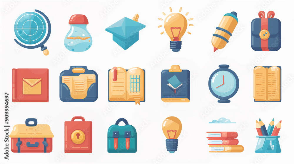 Set of educational icons represent various aspects of learning and academic tools.
Set of educational icons represent various aspects of learning and academic tools.