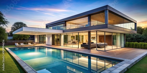 Modern open-plan house with flat roof  large glass panels  and pool  modern  open-plan  house  flat roof  glass panels