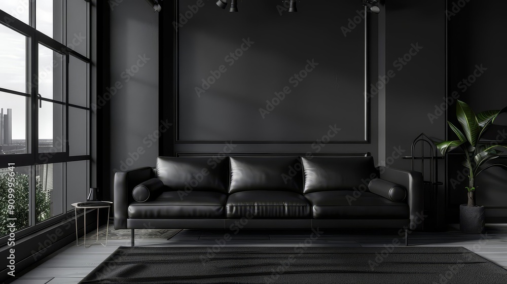 Minimalist black living room with a leather sofa and large windows. Minimalist black living room with a leather sofa and large windows.