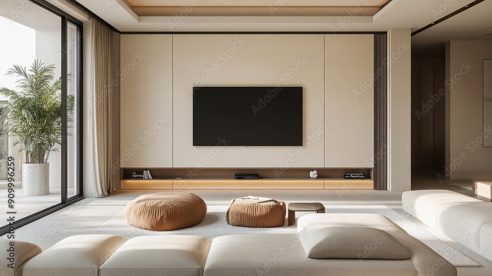 elegant creamcolored living room with sleek wallmounted tv cabinet minimalist design with subtle textures and clean lines soft ambient lighting creates a cozy atmosphere elegant creamcolored living room with sleek wallmounted tv cabinet minimalist design with subtle textures and clean lines soft ambient lighting creates a cozy atmosphere