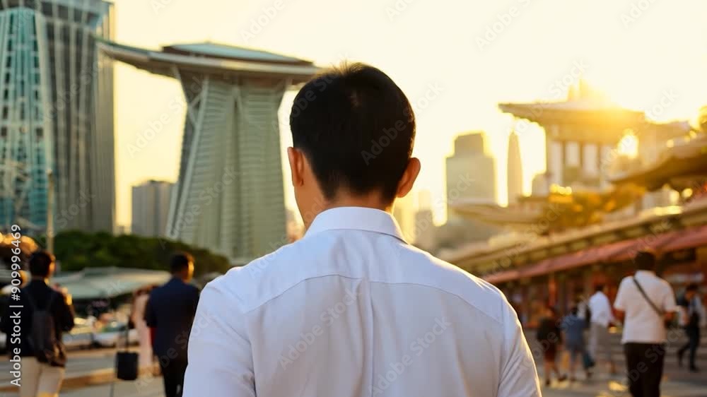 A man walks through a bustling area in Singapore, enjoying the warm evening glow of the skyline and vibrant atmosphere A man walks through a bustling area in Singapore, enjoying the warm evening glow of the skyline and vibrant atmosphere