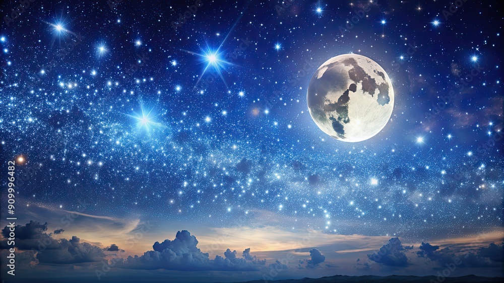 Fototapeta premium Tranquil night sky with shimmering stars and a bright full moon , Moon, stars, night, sky, celestial, tranquil, serene