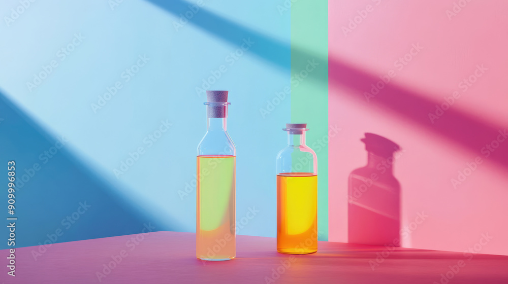 Vibrantly Colored Bottles Containing Liquid Displayed in a Minimalist Artful Setting Vibrantly Colored Bottles Containing Liquid Displayed in a Minimalist Artful Setting