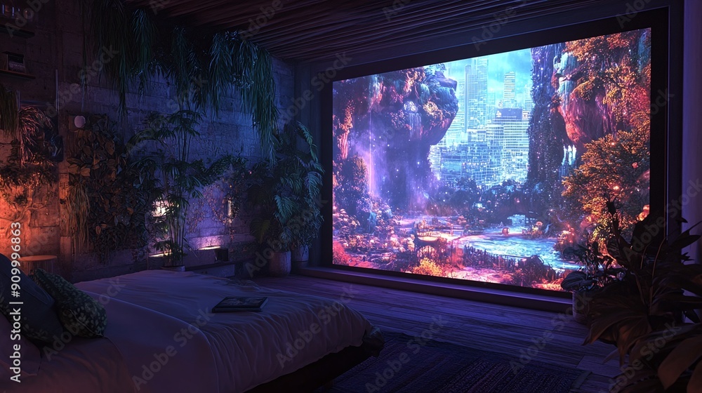 A bedroom with a large projector screen displaying a fantasy scene. The room is decorated with plants and has a view of the city from the window. A bedroom with a large projector screen displaying a fantasy scene. The room is decorated with plants and has a view of the city from the window.