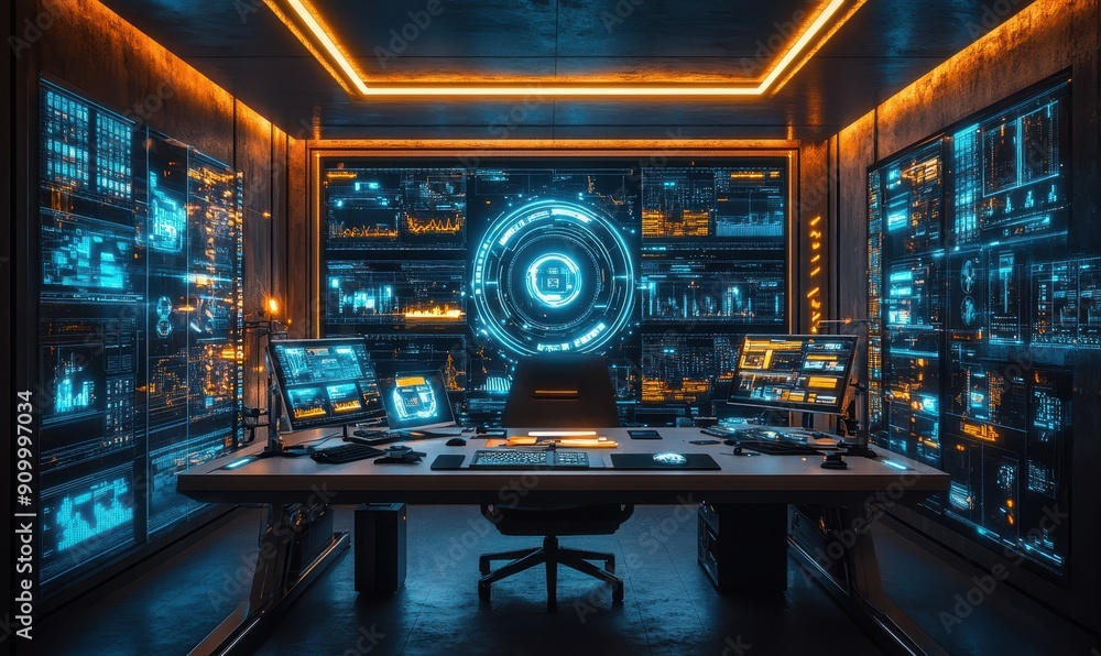 Remote working space with high-tech equipment, depicting the future of work Remote working space with high-tech equipment, depicting the future of work