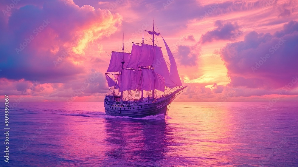 Fototapeta premium A ship is sailing in the ocean with a bright purple and pink color scheme