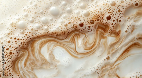 Detailed close-up of frothy coffee foam, showcasing the texture and bubbles on the surface of a freshly made coffee.