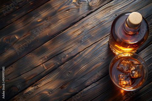 Whiskey glass and bottle on a wooden table in brown tones gives a feeling of warmth, luxury and charm suitable for use in alcoholic beverage advertisements that emphasizes uniqueness and class.