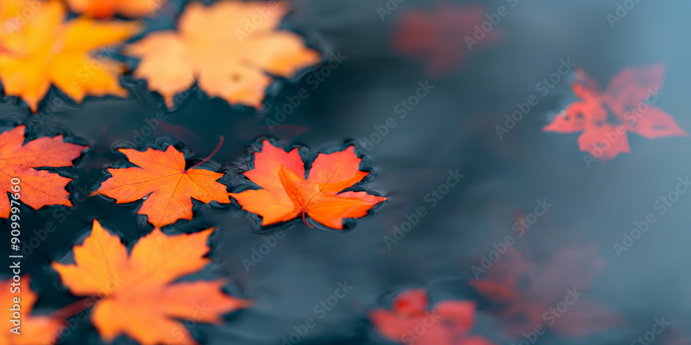 Autumn maple leaves floating on dark water surface. Fall season and nature concept. Image for poster, banner with copy space. Autumn maple leaves floating on dark water surface. Fall season and nature concept. Image for poster, banner with copy space.