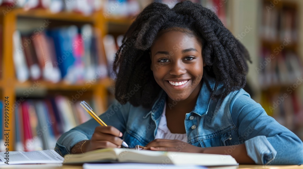 Smiling student in library with books and pen, studying. Smiling student in library with books and pen, studying.