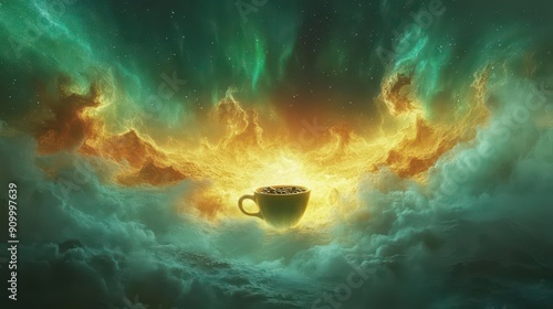 enchanted coffee plantation under aurora borealis sky magical beans levitate and roast themselves in swirling cosmic energy steaming cups materialize from stardust promising otherworldly flavors photo