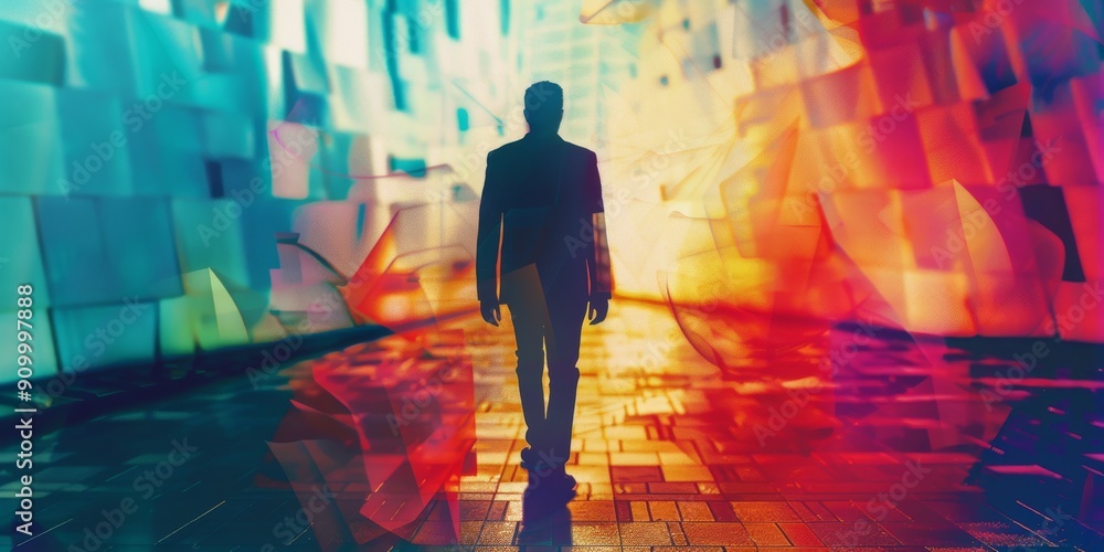 Silhouette of a Man Walking Through a Vibrant Corridor Silhouette of a Man Walking Through a Vibrant Corridor