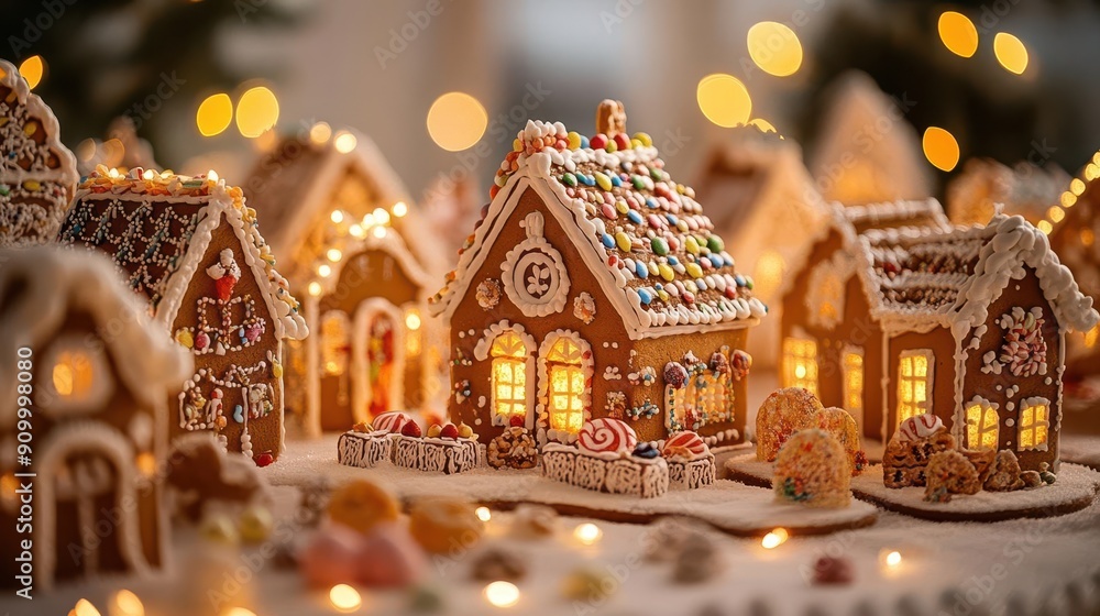 enchanting display of miniature gingerbread village intricate designs with candy decorations warm golden lighting creates a cozy atmosphere soft focus background with twinkling lights enchanting display of miniature gingerbread village intricate designs with candy decorations warm golden lighting creates a cozy atmosphere soft focus background with twinkling lights