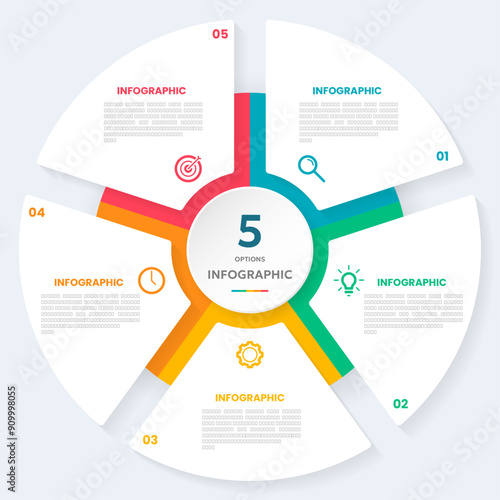 Circle chart infographic template with 5 options for presentations