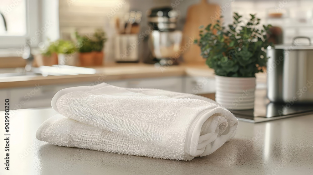 Two white kitchen towels folded on a countertop. Two white kitchen towels folded on a countertop.