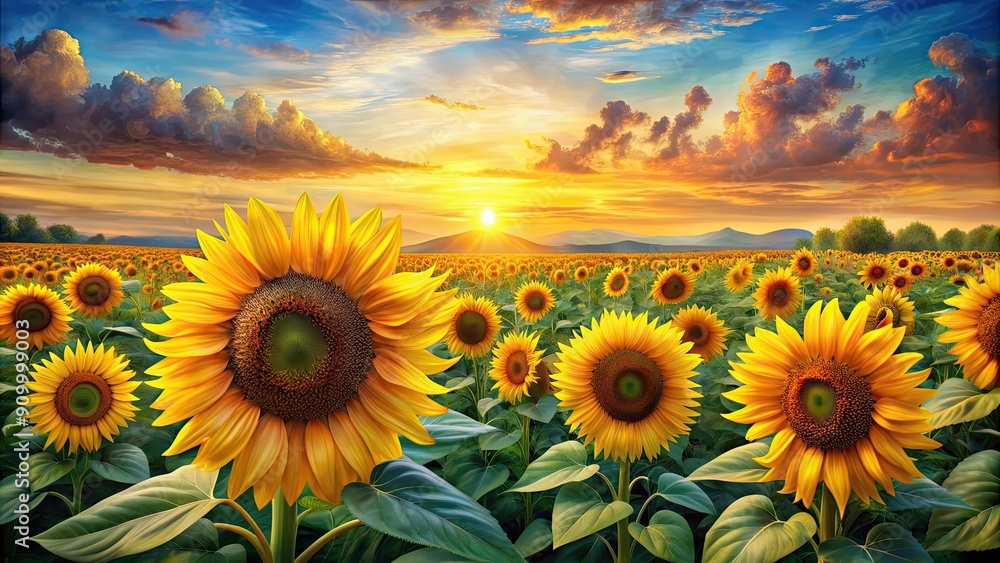 Φωτογραφία Vibrant oil painting of a sunflower field capturing stunning beauty, sunflower,
