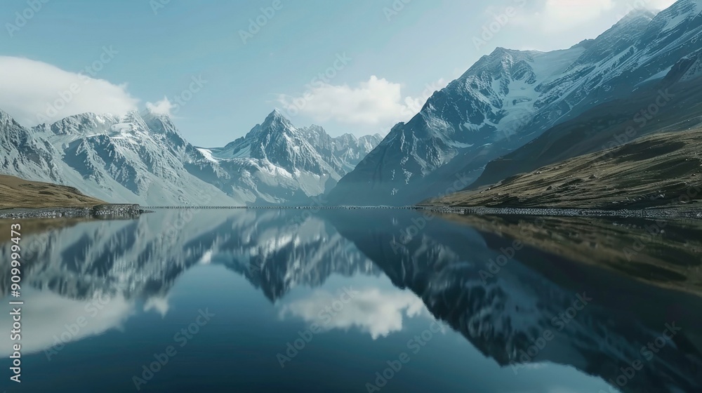 A dramatic mountain lake with reflections of snow-capped peaks. A dramatic mountain lake with reflections of snow-capped peaks.