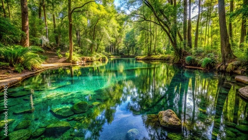 Hidden glade with crystal-clear pool reflecting forest canopy above, misty, forest, glade, crystal-clear, pool, surface