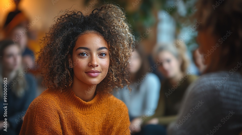 Engaging Presence in a Cozy Gathering, a young woman with curly hair and warm smile sits attentively amidst others in a relaxed, inviting atmosphere filled with soft light. Engaging Presence in a Cozy Gathering, a young woman with curly hair and warm smile sits attentively amidst others in a relaxed, inviting atmosphere filled with soft light.