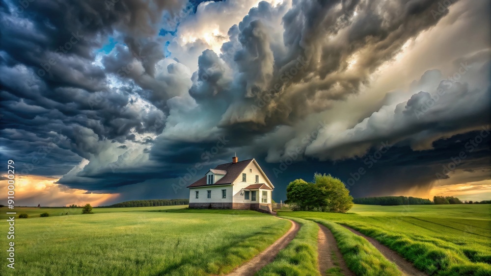 Fototapeta premium Dramatic storm clouds loom over quaint rural house and lush green field, creating ominous atmosphere, storm clouds