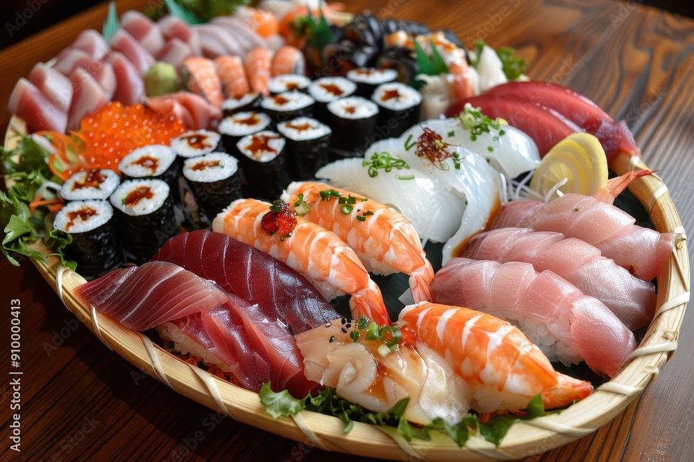A platter of assorted sushi featuring fresh salmon, tuna, shrimp, and eel, with pickled ginger and wasabi on the side. A platter of assorted sushi featuring fresh salmon, tuna, shrimp, and eel, with pickled ginger and wasabi on the side.