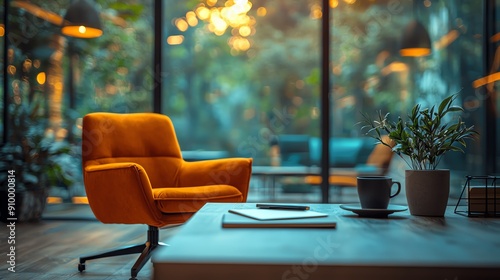Cozy workspace, vibrant orange chair, calming greenery, warm evening light filtering through large windows, inviting atmosphere perfect for relaxation and creativity.