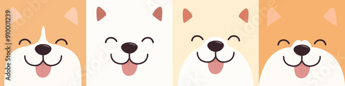 Dog face icon set line. Labrador Sibu inu breed. Smiling eyes, nose. Pink tongue out. Cartoon puppy character. Cute kawaii funny animal. Family friend. Love pets. Flat design. Baby background. Vector