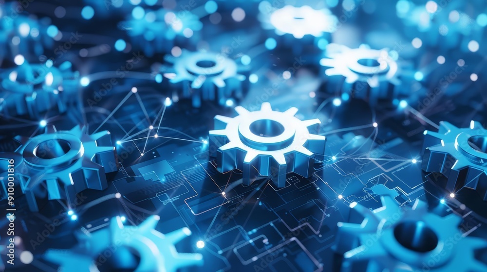 Close-up of interlocked blue metal gears representing teamwork and machinery. Close-up of interlocked blue metal gears representing teamwork and machinery.