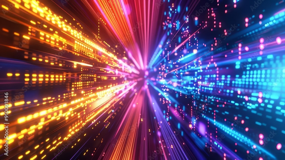 Abstract colorful neon light streaks converging towards a central point, creating a sense of speed and energy. Abstract colorful neon light streaks converging towards a central point, creating a sense of speed and energy.
