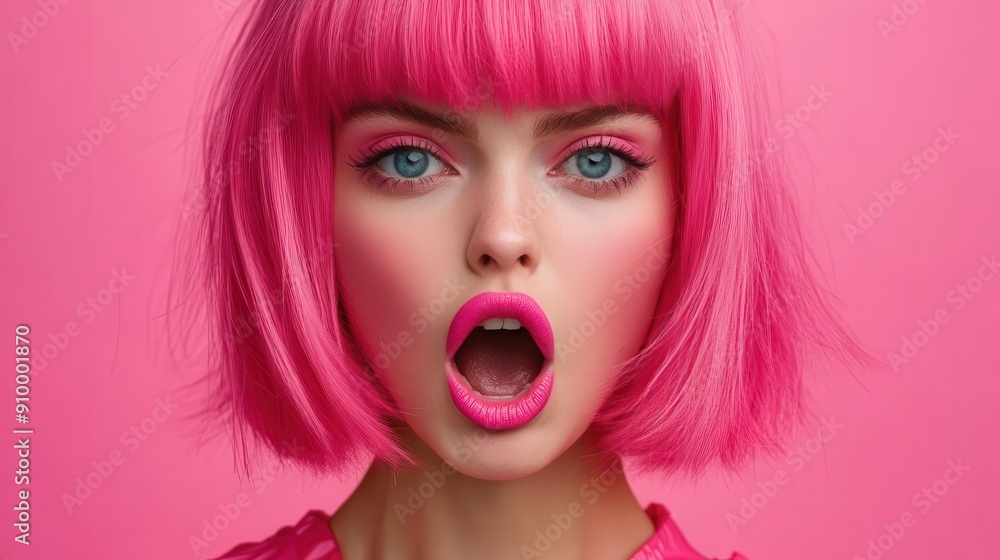 expressive portrait of a woman with vibrant pink wig and exaggerated open mouth bold pink lip makeup conveying intense emotion pop art style high contrast colors expressive portrait of a woman with vibrant pink wig and exaggerated open mouth bold pink lip makeup conveying intense emotion pop art style high contrast colors