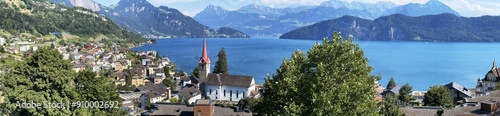 Obraz na płótnie Resort town of Weggis overlooking Lake Lucerne in the Swiss Alps, Switzerland w salonie