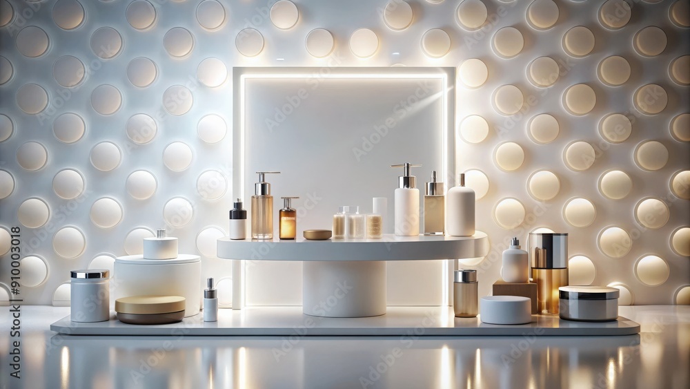 Bathroom interior with stand-podium for displaying cosmetics on abstract light background, bathroom, interior Bathroom interior with stand-podium for displaying cosmetics on abstract light background, bathroom, interior
