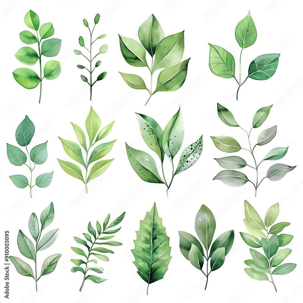 Set of watercolor green leaves elements. Collection botanical vector isolated on white background suitable for Wedding Invitation, save the date, thank you, or greeting card. Set of watercolor green leaves elements. Collection botanical vector isolated on white background suitable for Wedding Invitation, save the date, thank you, or greeting card.