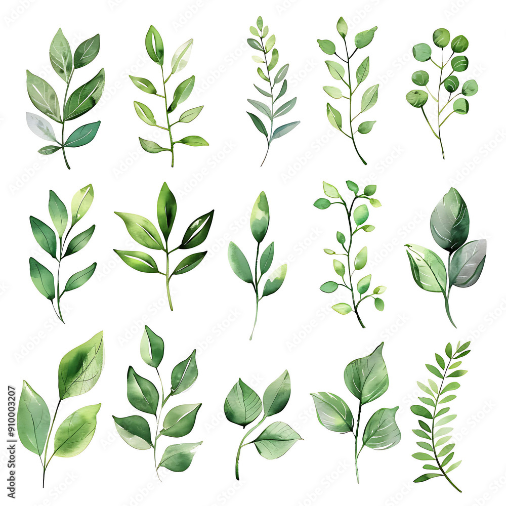 Set of watercolor green leaves elements. Collection botanical vector isolated on white background suitable for Wedding Invitation, save the date, thank you, or greeting card. Set of watercolor green leaves elements. Collection botanical vector isolated on white background suitable for Wedding Invitation, save the date, thank you, or greeting card.