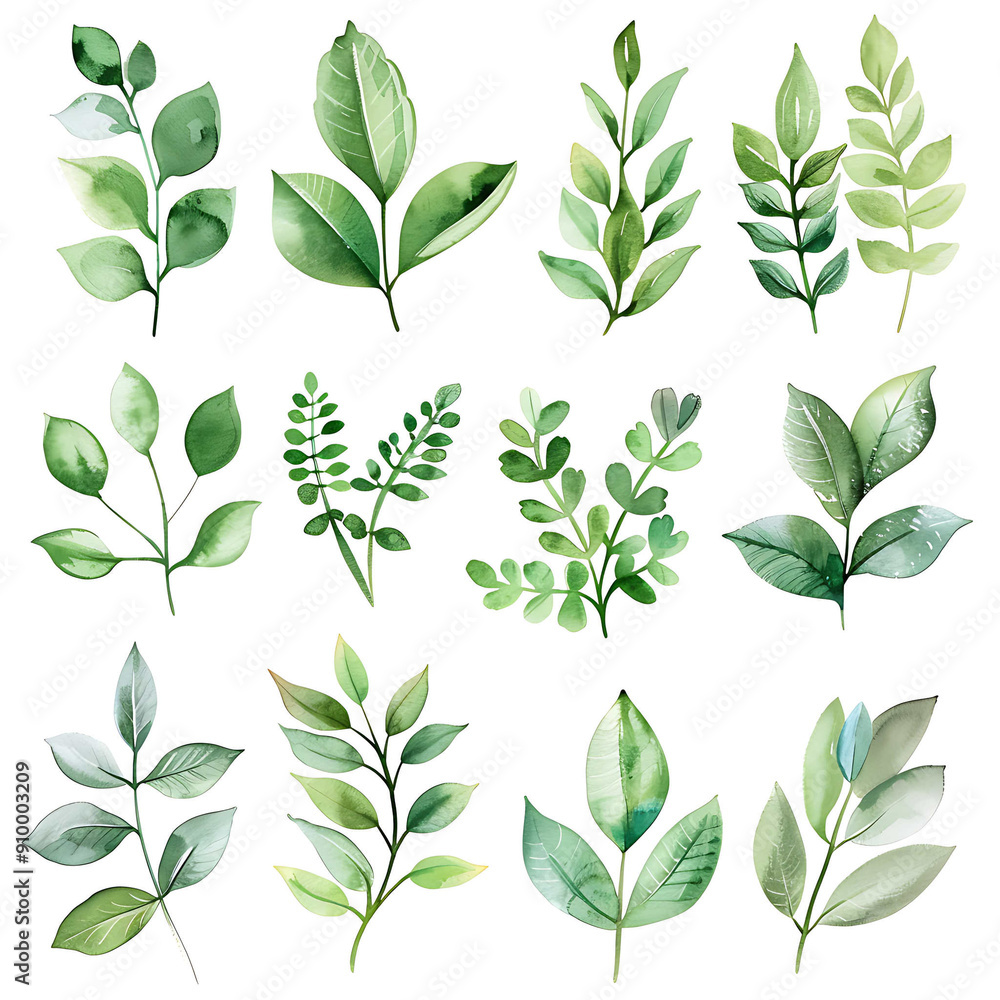 Set of watercolor green leaves elements. Collection botanical vector isolated on white background suitable for Wedding Invitation, save the date, thank you, or greeting card. Set of watercolor green leaves elements. Collection botanical vector isolated on white background suitable for Wedding Invitation, save the date, thank you, or greeting card.