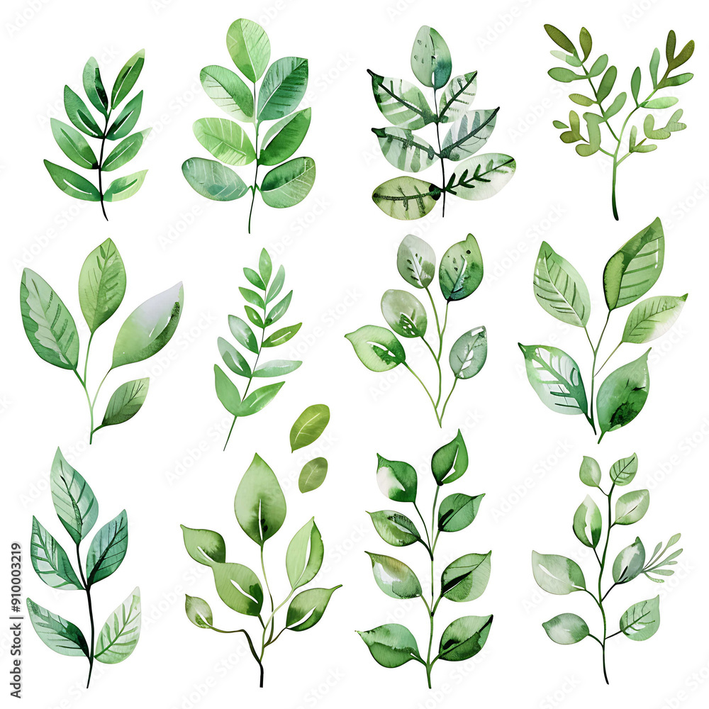 Set of watercolor green leaves elements. Collection botanical vector isolated on white background suitable for Wedding Invitation, save the date, thank you, or greeting card. Set of watercolor green leaves elements. Collection botanical vector isolated on white background suitable for Wedding Invitation, save the date, thank you, or greeting card.