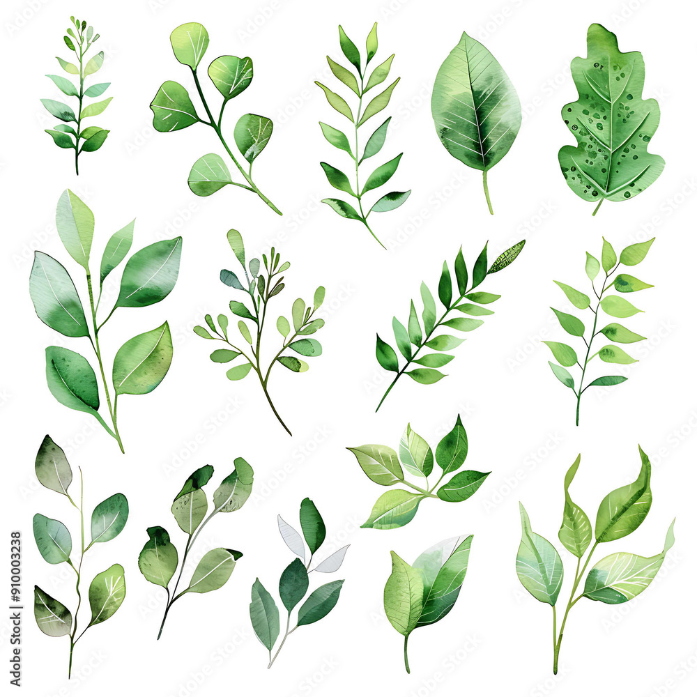 Fototapeta premium Set of watercolor green leaves elements. Collection botanical vector isolated on white background suitable for Wedding Invitation, save the date, thank you, or greeting card.