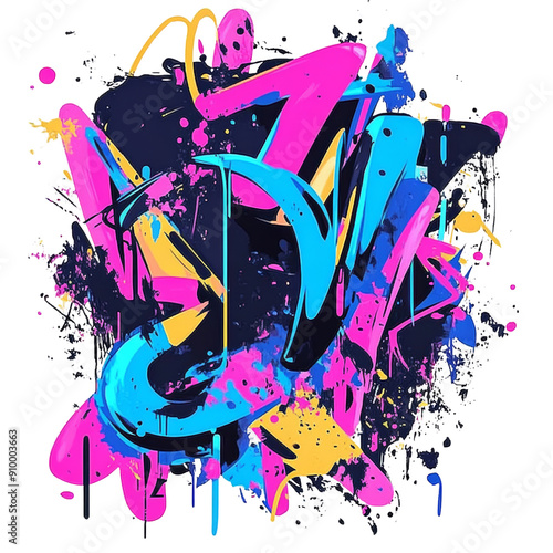 Vibrant Abstract Graffiti Art with Bold Colors and Dynamic Shapes on Black Background photo