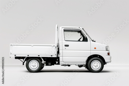 A white truck with a cargo bed is parked on a white background