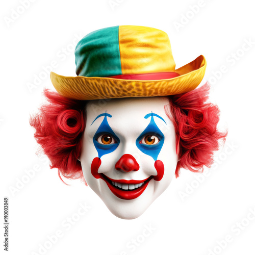 Colorful Clown Face with Red Hair and Painted Smile Wearing a Yellow and Green Hat on a Black Background