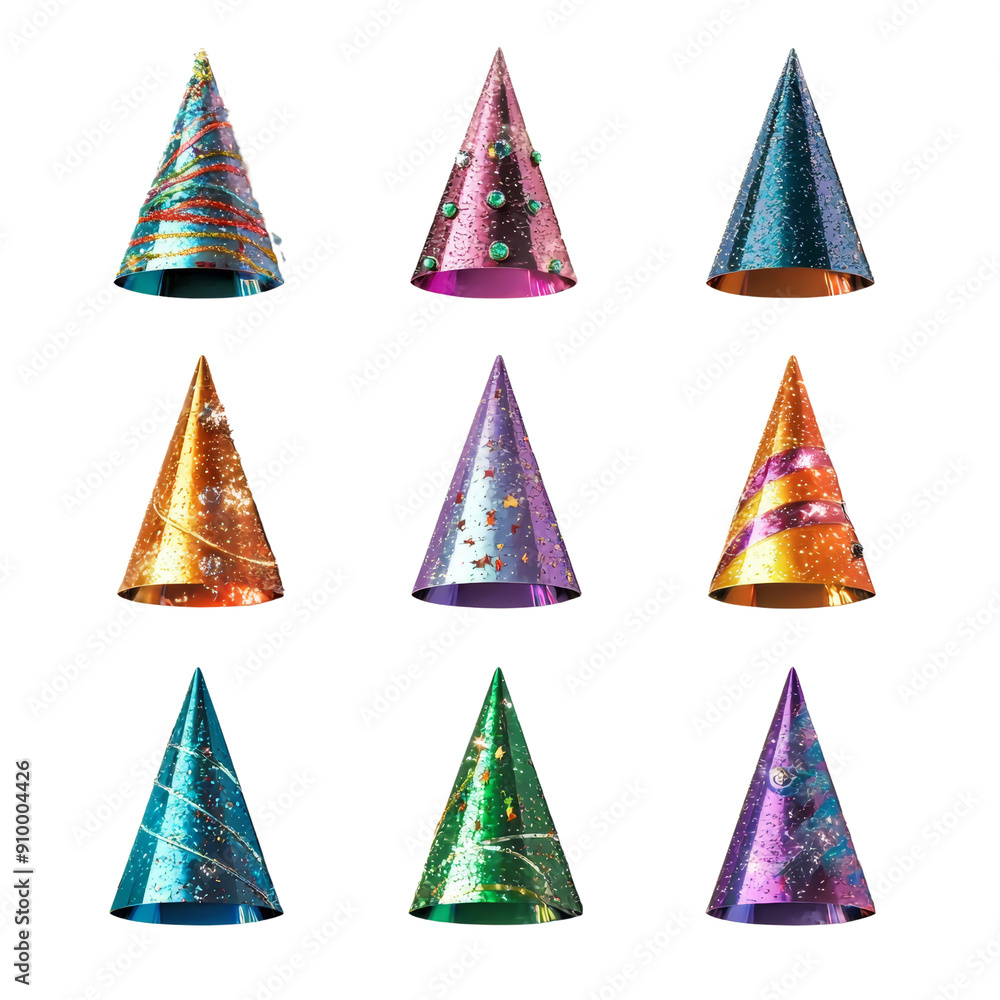 Colorful Party Hats Collection with Glitter and Patterns on Black Background Colorful Party Hats Collection with Glitter and Patterns on Black Background