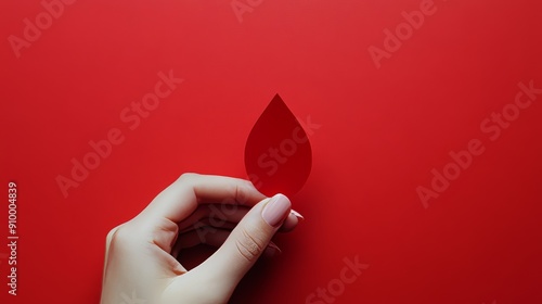A human hand holding a blood drop shape with a blood level on a red background. Awareness of hematologic disorders including anemia, sickle cell disease, hemophilia, leukemia and ITP. A blood
