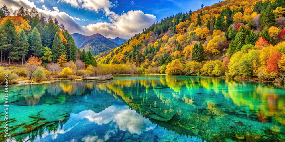 Obraz premium Vibrant and majestic Five-Color Pond in Jiuzhaigou National Park , nature, colorful, crystal clear, reflection